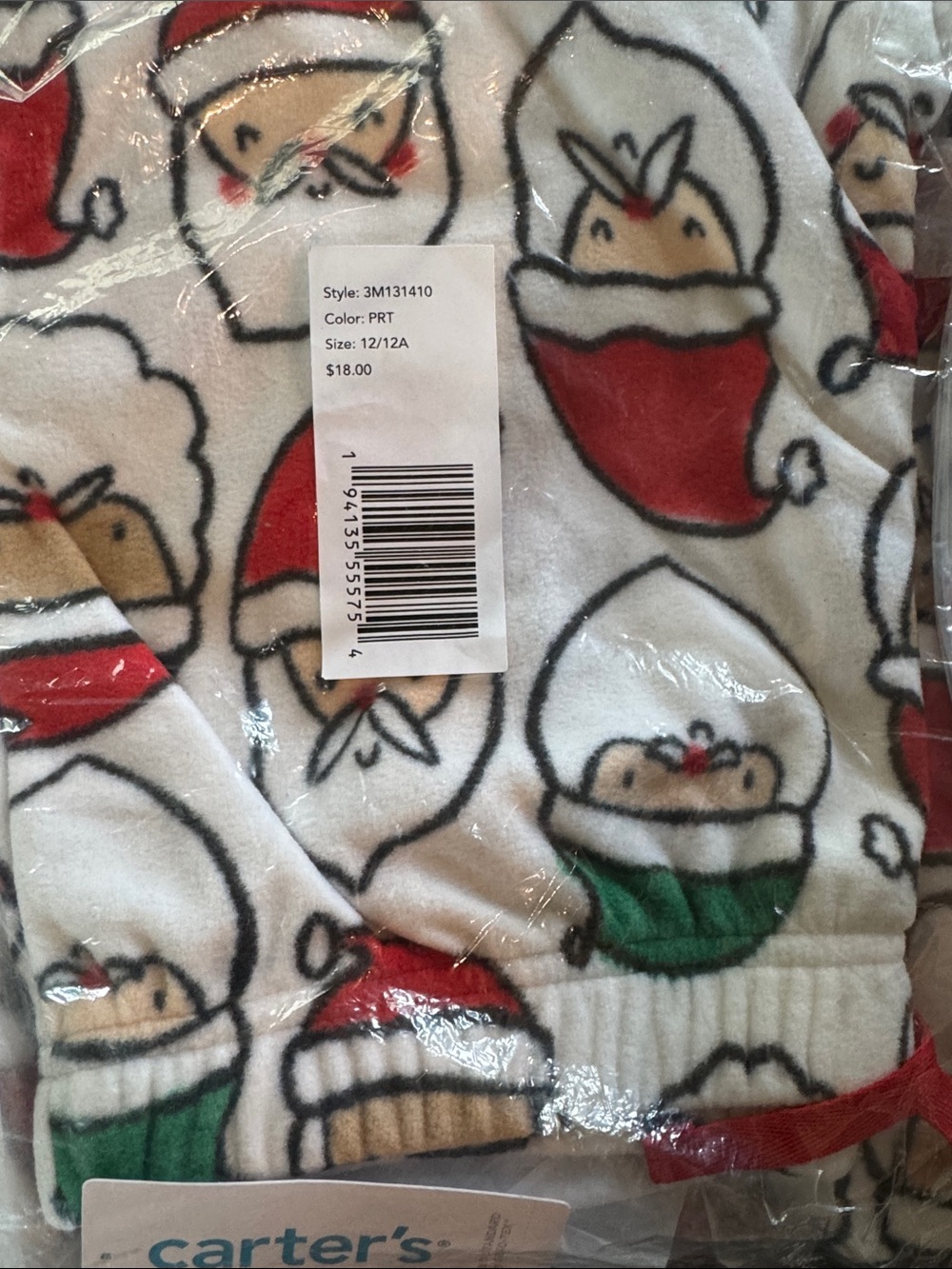 Carter's White, Red & Green Santa Print Fleece Pajama Bottoms